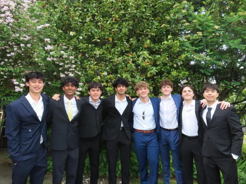 Brothers in suits lined up in front of a garden hedge